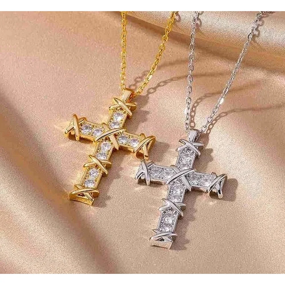NEW Unisex Men’s 18k Gold Filled Simulated Diamond‎ Cross Necklace, 16-18”